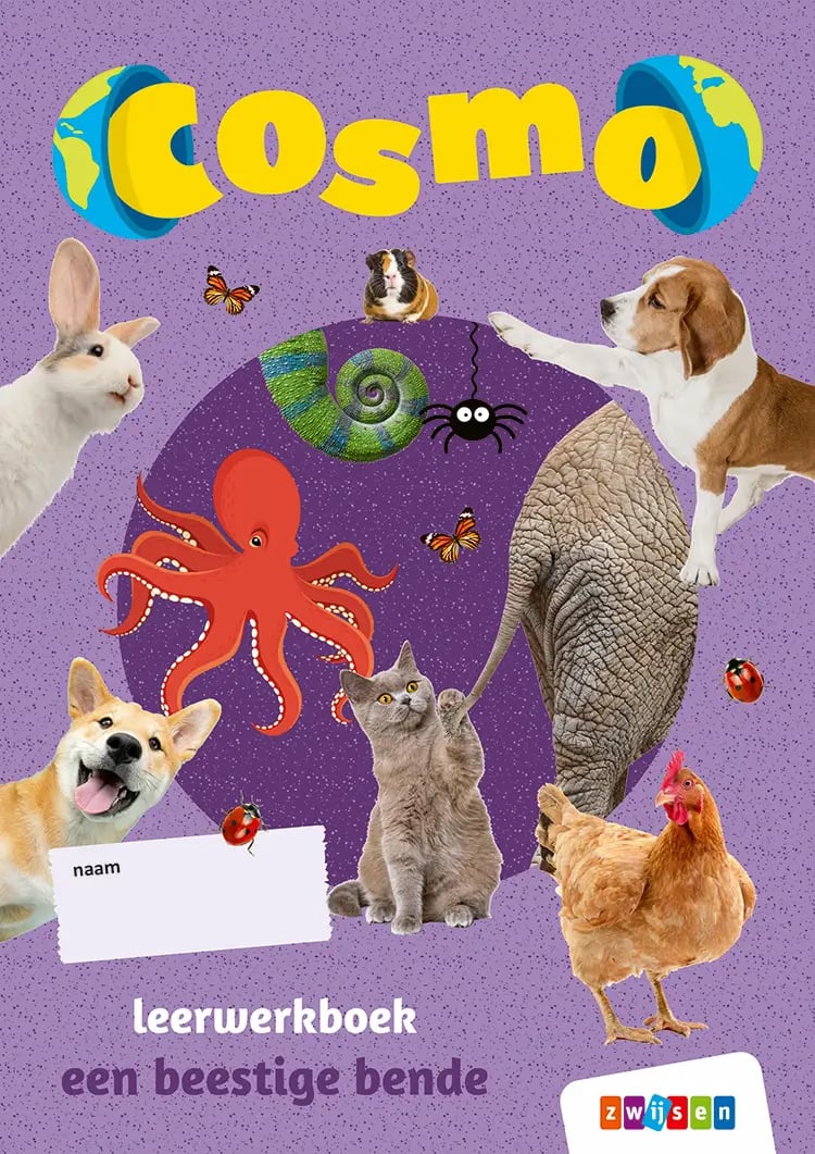 Cover met dieren van het leerwerkboek Cosmo, een methode voor wereldoriëntatie in het lager onderwijs. 
